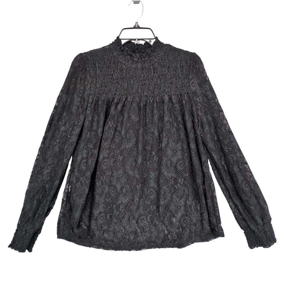 Cable & Gauge Women's L Black Floral Lace Long Sleeve Mock Neck Smocked Top Goth